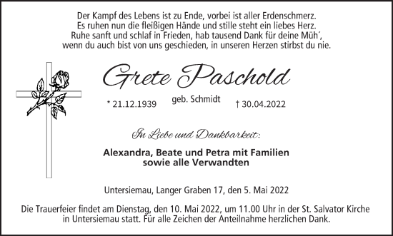 Anzeige von Grete Paschold von MGO