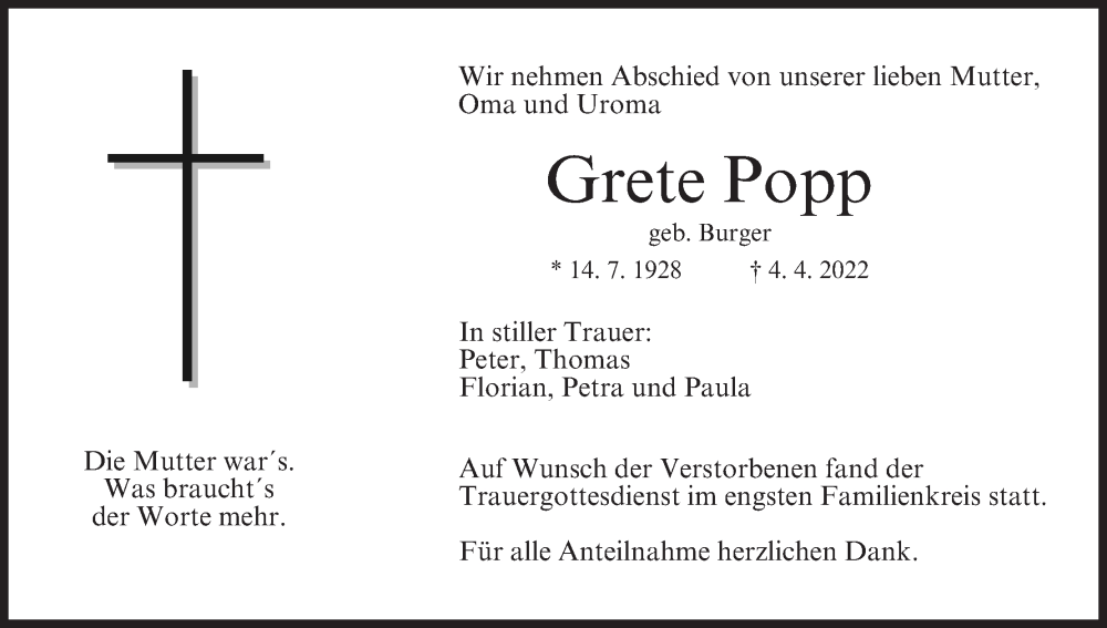  Traueranzeige für Grete Popp vom 19.05.2022 aus MGO