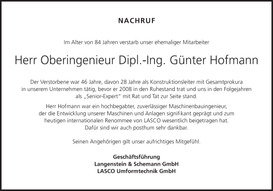 Anzeige von Günter Hofmann von MGO