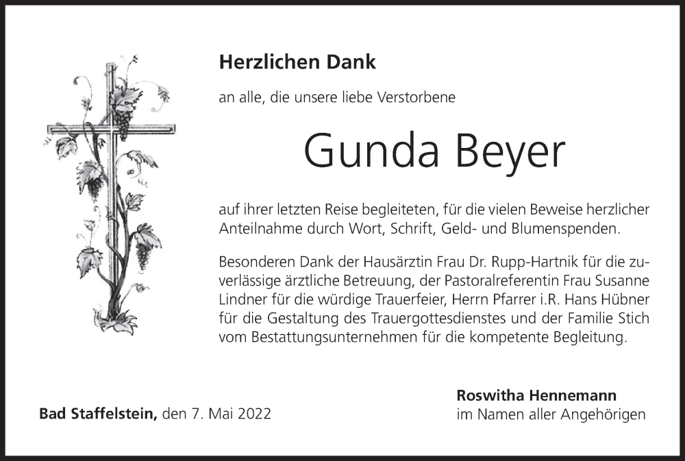  Traueranzeige für Gunda Beyer vom 07.05.2022 aus MGO