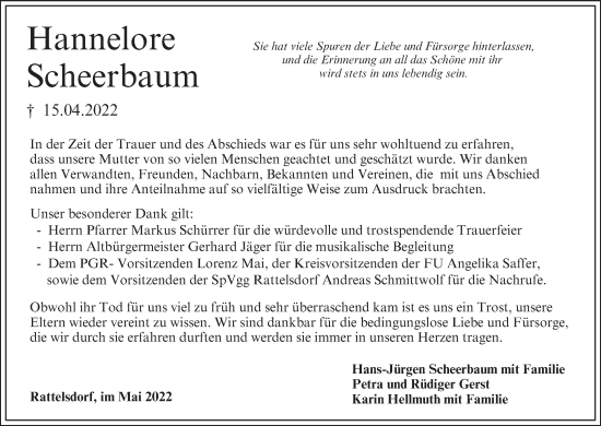 Anzeige von Hannelore Scheerbaum von MGO