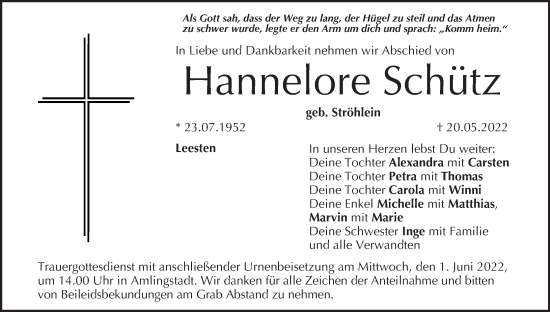 Anzeige von Hannelore Schütz von MGO