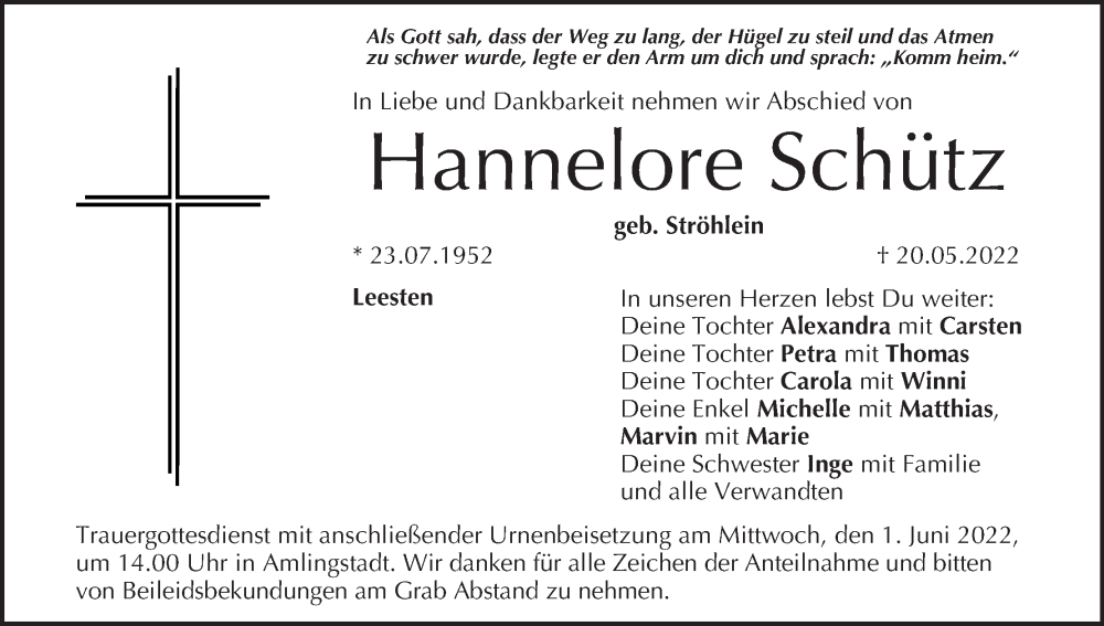  Traueranzeige für Hannelore Schütz vom 28.05.2022 aus MGO