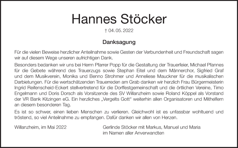  Traueranzeige für Hannes Stöcker vom 21.05.2022 aus MGO