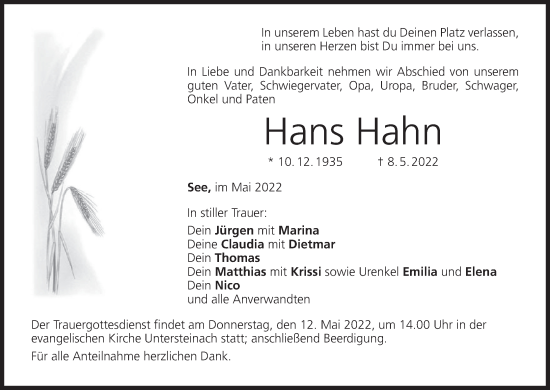 Anzeige von Hans Hahn von MGO