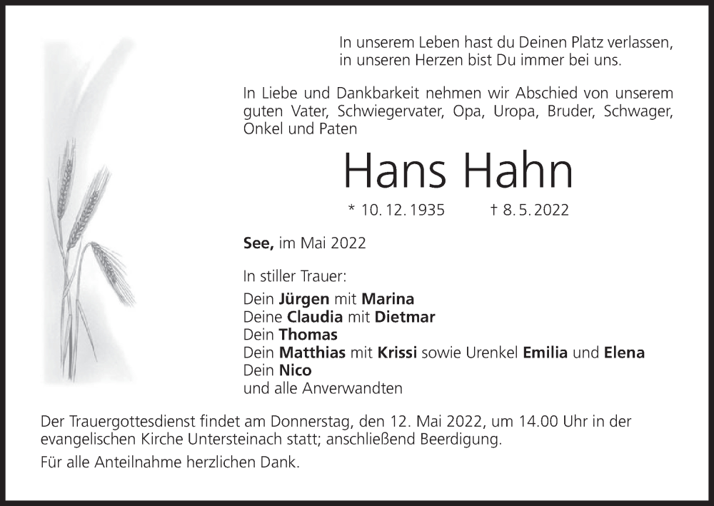  Traueranzeige für Hans Hahn vom 11.05.2022 aus MGO