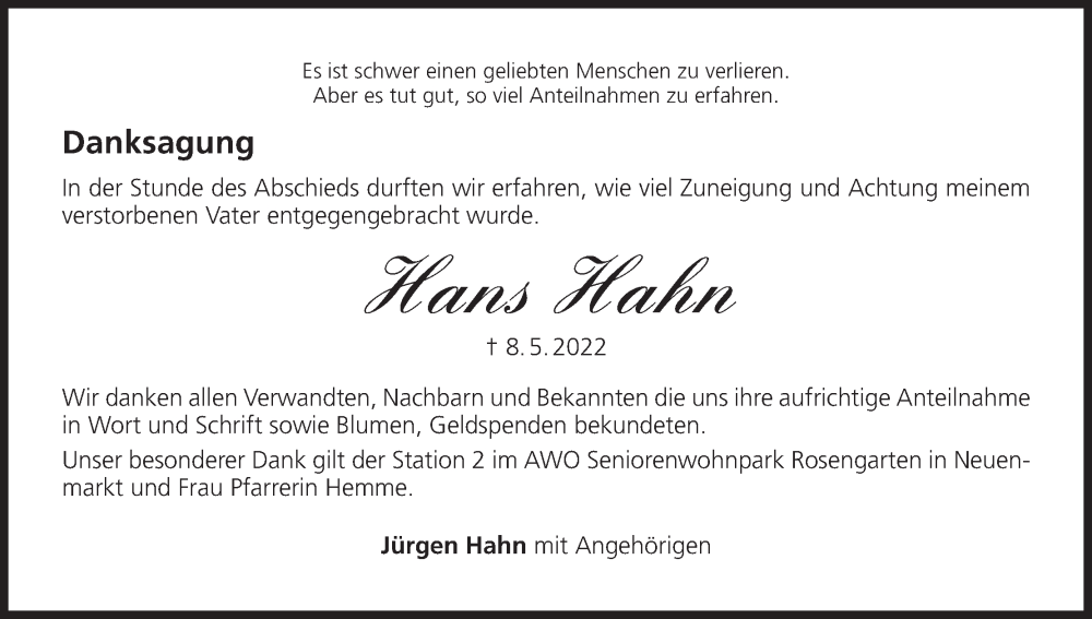  Traueranzeige für Hans Hahn vom 17.05.2022 aus MGO