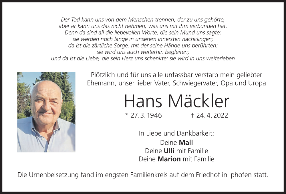  Traueranzeige für Hans Mäckler vom 14.05.2022 aus MGO