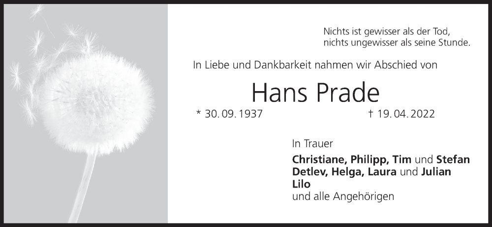  Traueranzeige für Hans Prade vom 14.05.2022 aus MGO