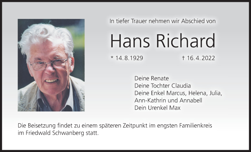  Traueranzeige für Hans Richard vom 30.04.2022 aus MGO