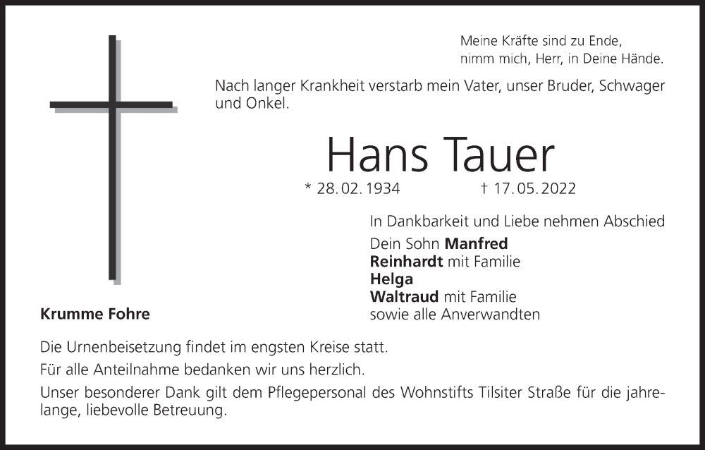  Traueranzeige für Hans Tauer vom 28.05.2022 aus MGO