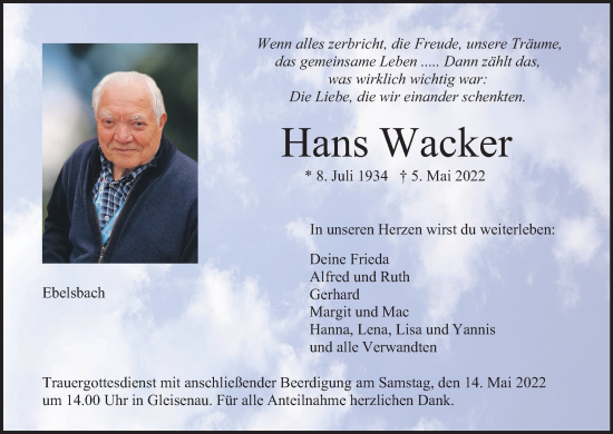 Anzeige von Hans Wacker von MGO