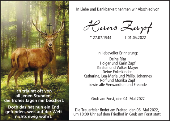 Anzeige von Hans Zapf von MGO