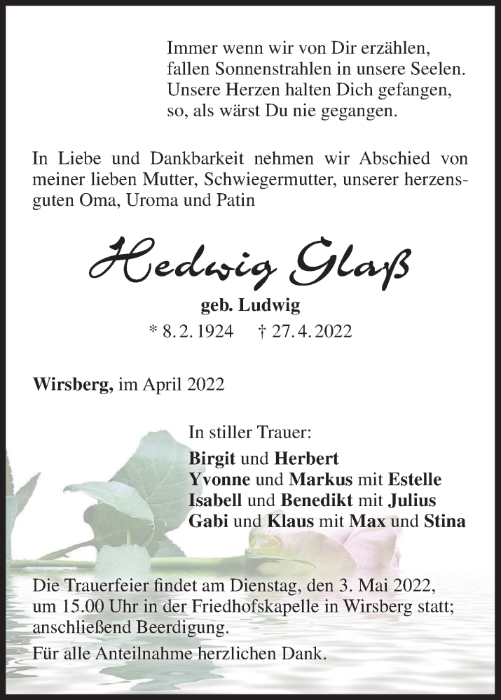  Traueranzeige für Hedwig Glaß vom 30.04.2022 aus MGO