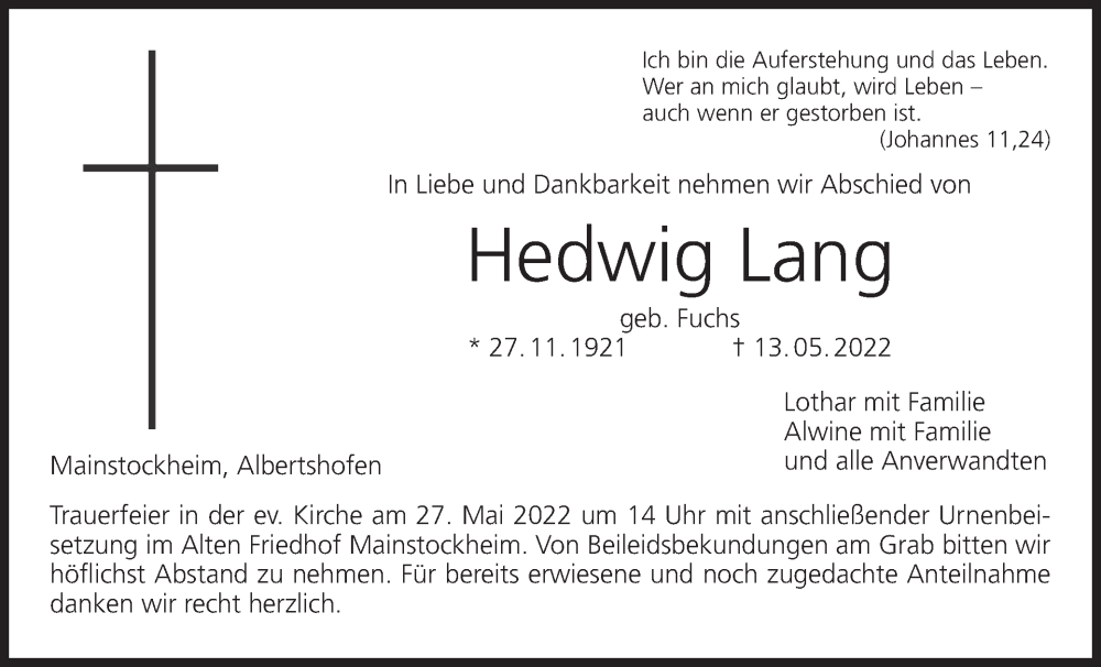  Traueranzeige für Hedwig Lang vom 27.05.2022 aus MGO