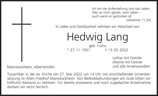 Anzeige von Hedwig Lang von MGO