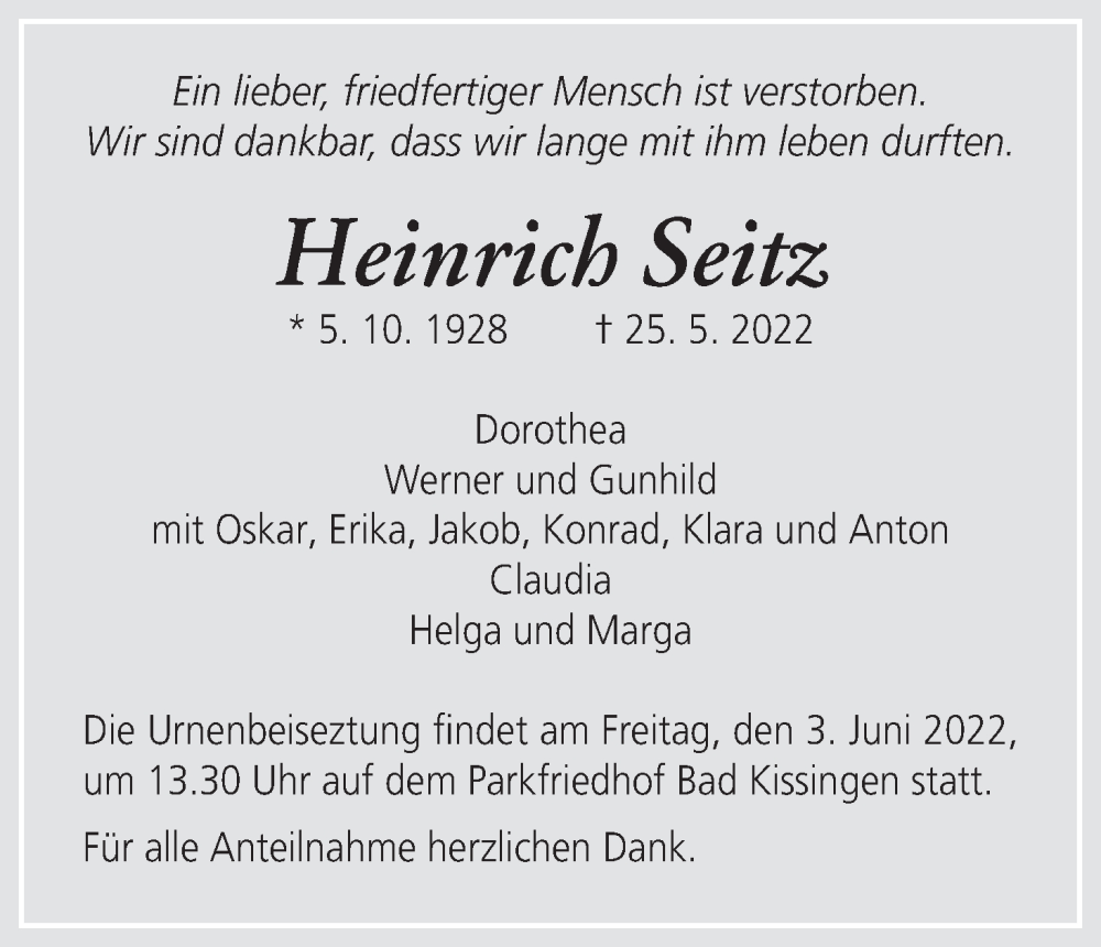  Traueranzeige für Heinrich Seitz vom 28.05.2022 aus MGO