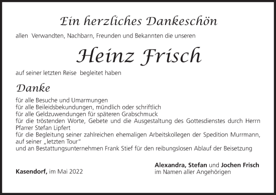 Anzeige von Heinz Frisch von MGO