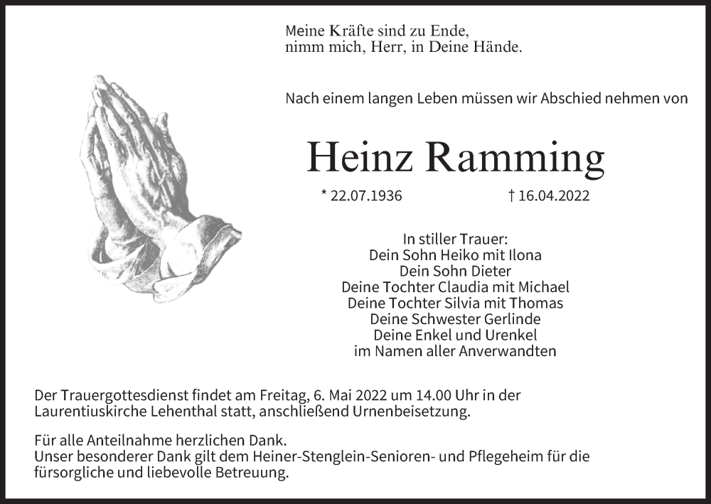  Traueranzeige für Heinz Ramming vom 03.05.2022 aus MGO