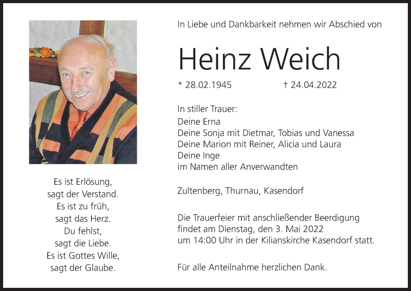  Traueranzeige für Heinz Weich vom 30.04.2022 aus MGO