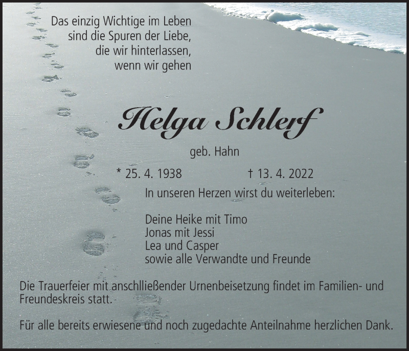  Traueranzeige für Helga Schlerf vom 30.04.2022 aus MGO