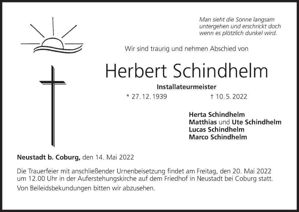  Traueranzeige für Herbert Schindhelm vom 14.05.2022 aus MGO