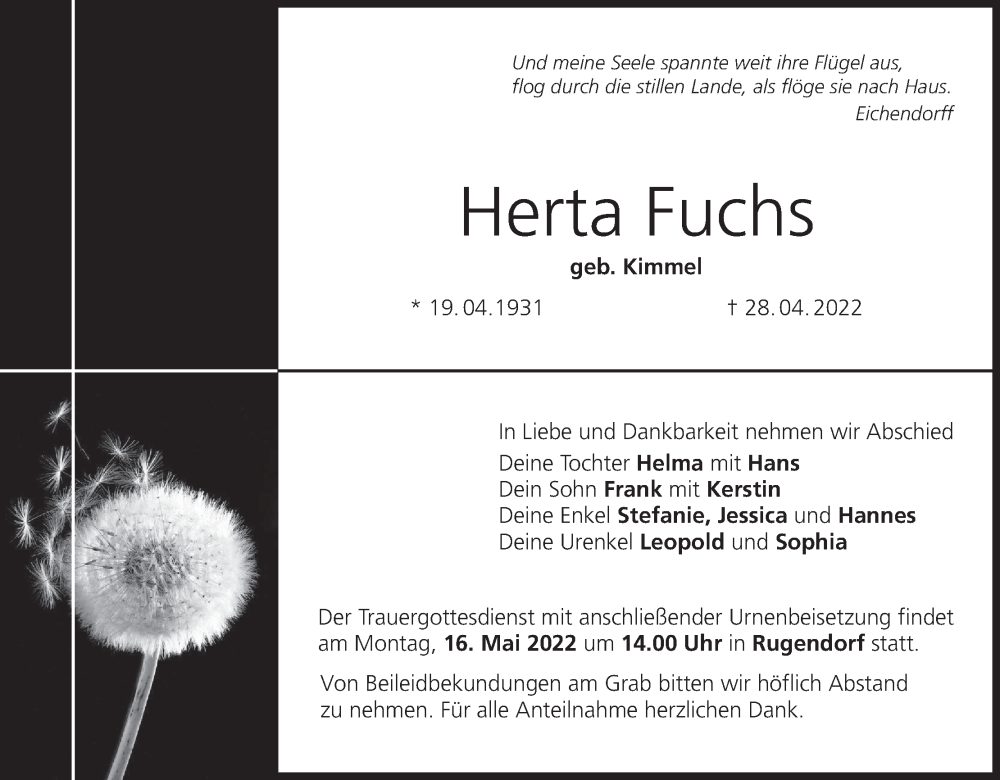  Traueranzeige für Herta Fuchs vom 14.05.2022 aus MGO