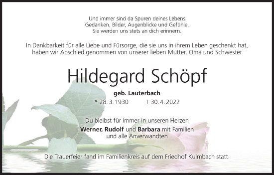 Anzeige von Hildegard Schöpf von MGO