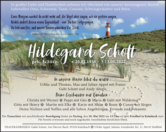 Anzeige von Hildegard Schott von MGO