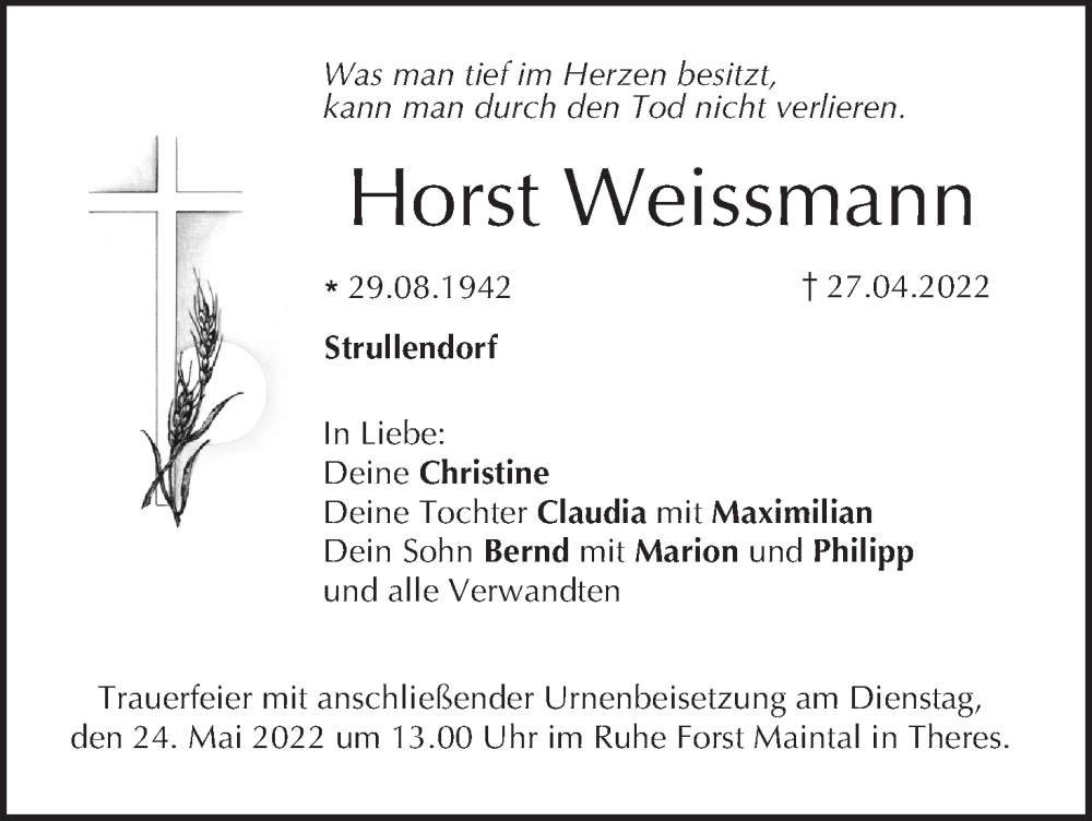  Traueranzeige für Horst Weissmann vom 14.05.2022 aus MGO