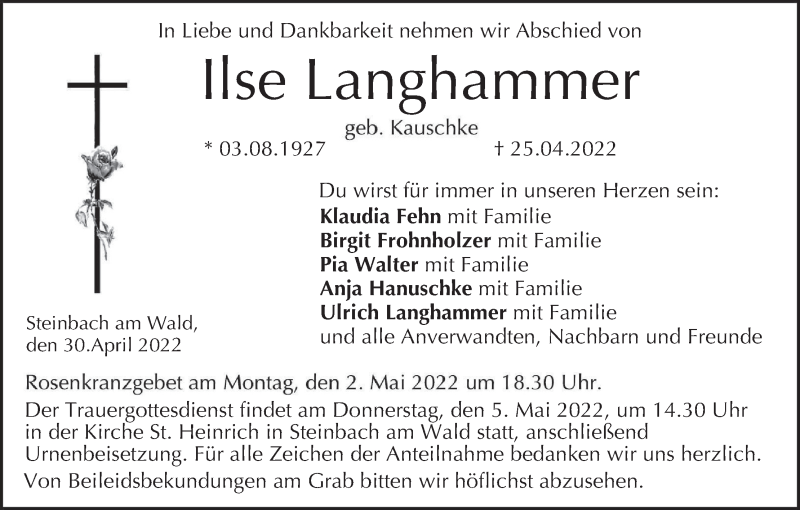  Traueranzeige für Ilse Langhammer vom 30.04.2022 aus MGO
