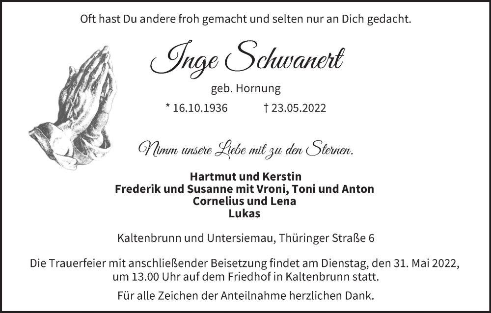  Traueranzeige für Inge Schwanert vom 28.05.2022 aus MGO
