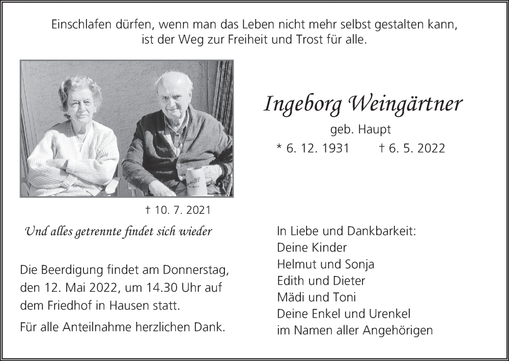  Traueranzeige für Ingeborg Weingärtner vom 10.05.2022 aus MGO