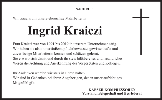 Anzeige von Ingrid Kraiczi von MGO