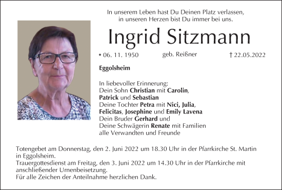 Anzeige von Ingrid Sitzmann von MGO