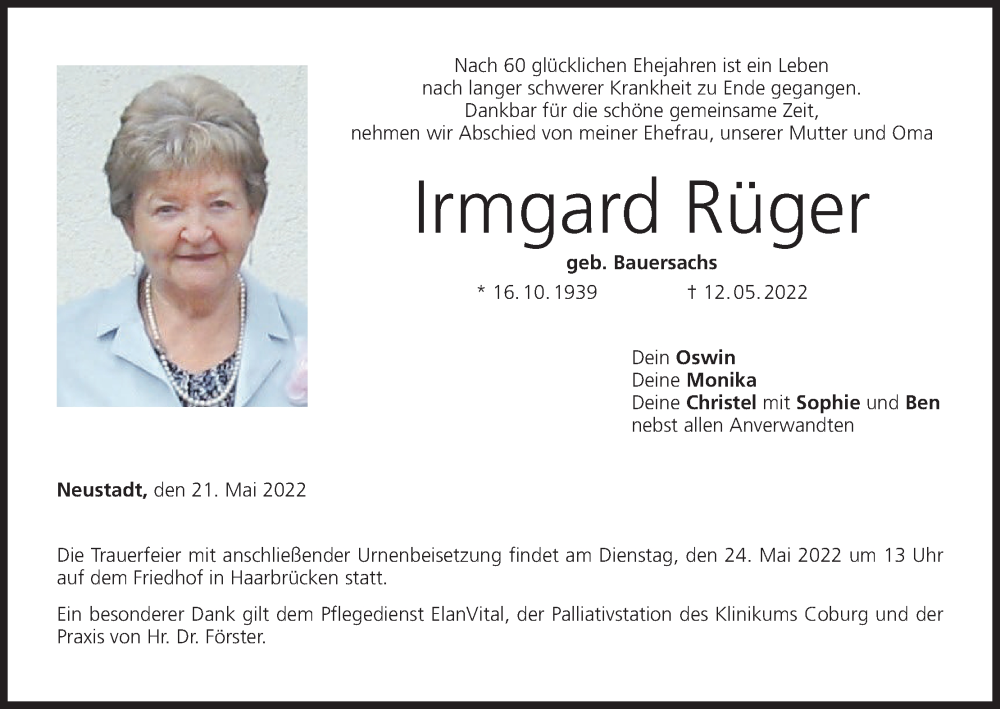  Traueranzeige für Irmgard Rüger vom 21.05.2022 aus MGO