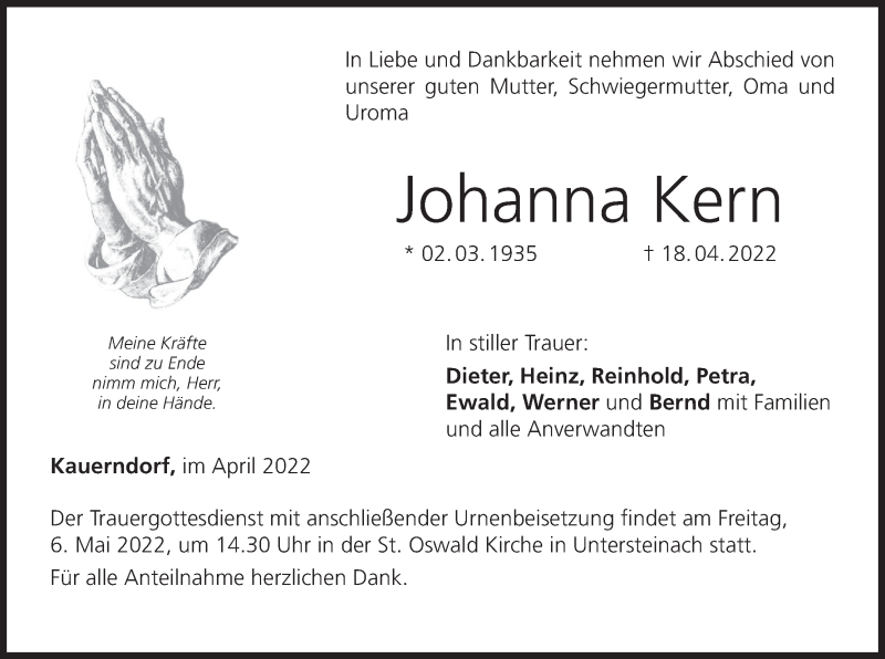  Traueranzeige für Johanna Kern vom 30.04.2022 aus MGO
