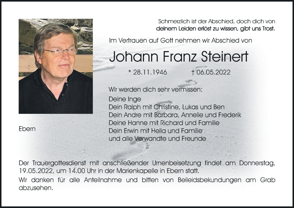  Traueranzeige für Johann Franz Steinert vom 14.05.2022 aus MGO