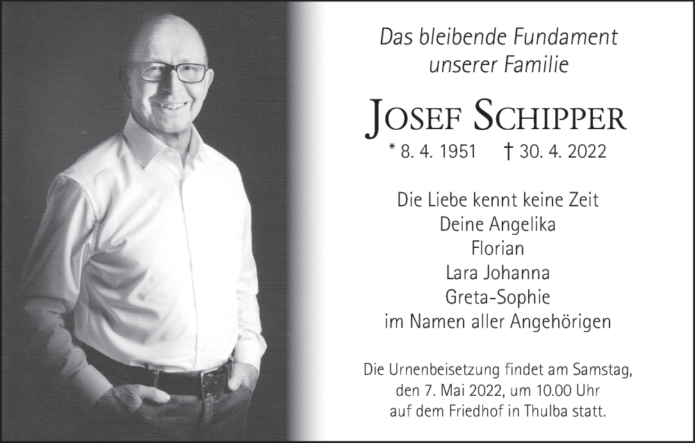  Traueranzeige für Josef Schipper vom 05.05.2022 aus MGO