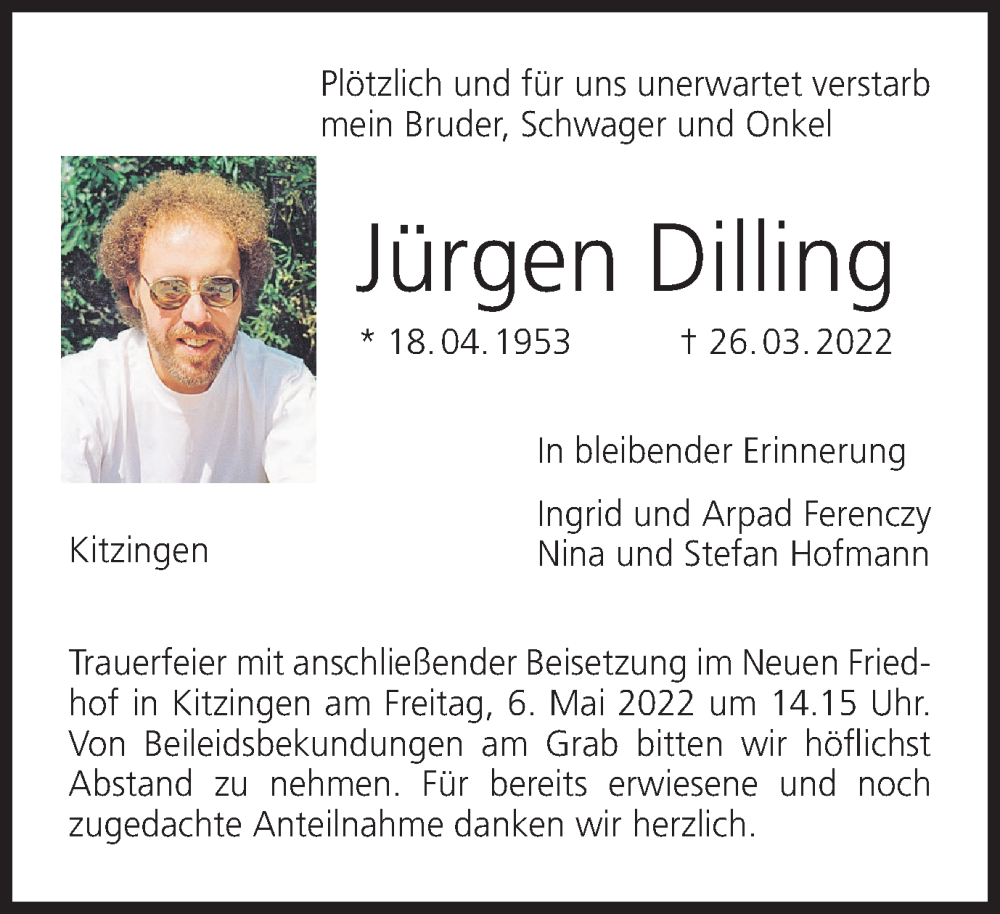  Traueranzeige für Jürgen Dilling vom 03.05.2022 aus MGO