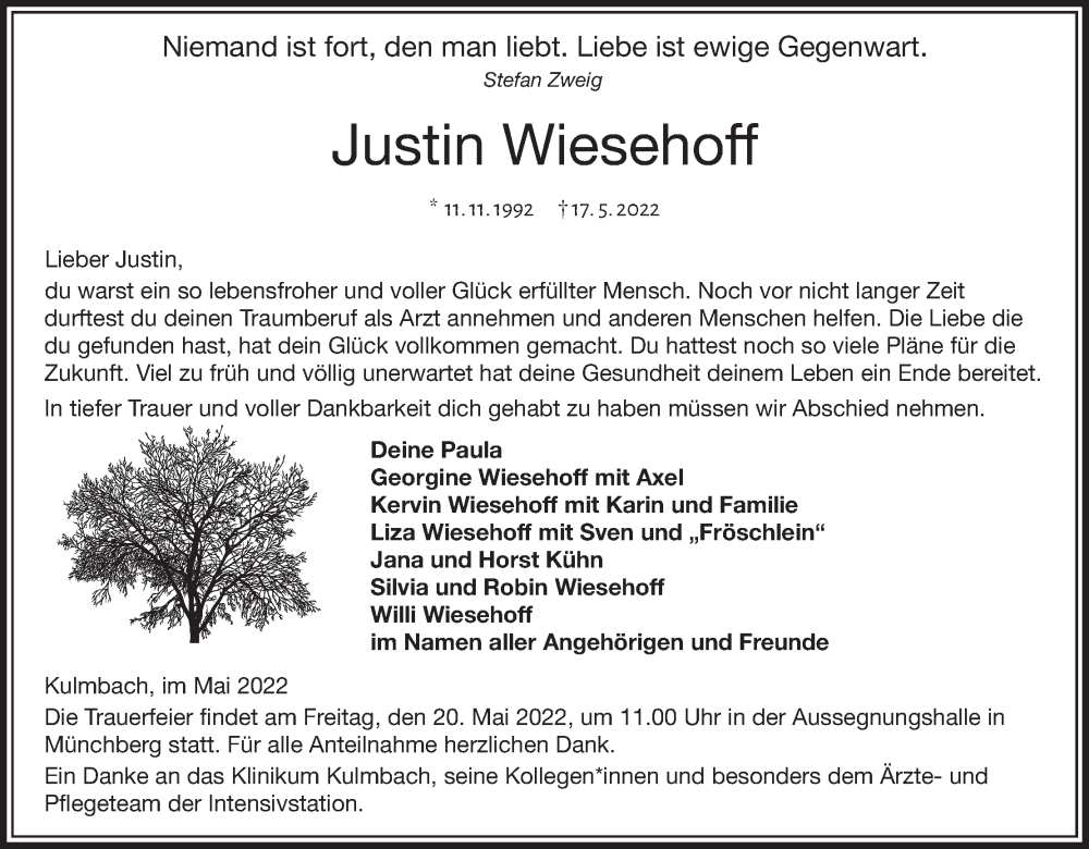  Traueranzeige für Justin Wiesehoff vom 19.05.2022 aus MGO