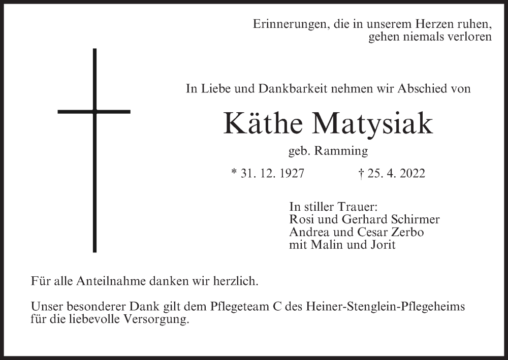  Traueranzeige für Käthe Matysiak vom 21.05.2022 aus MGO