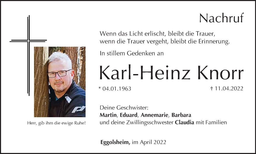  Traueranzeige für Karl-Heinz Knorr vom 14.05.2022 aus MGO