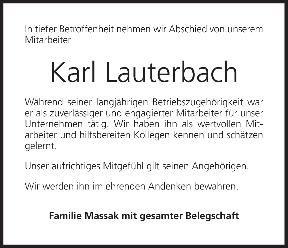  Traueranzeige für Karl Lauterbach vom 21.05.2022 aus MGO