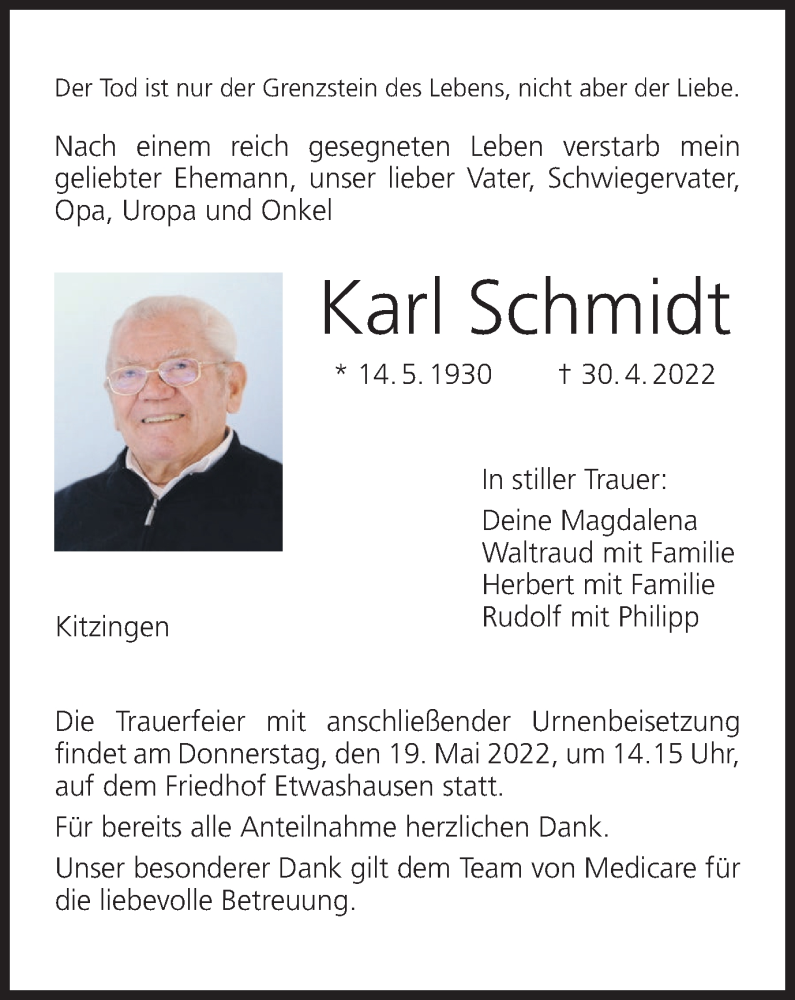  Traueranzeige für Karl Schmidt vom 14.05.2022 aus MGO