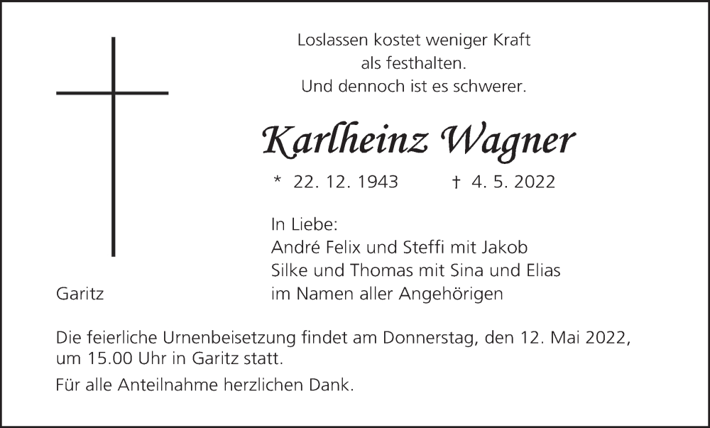  Traueranzeige für Karlheinz Wagner vom 07.05.2022 aus MGO