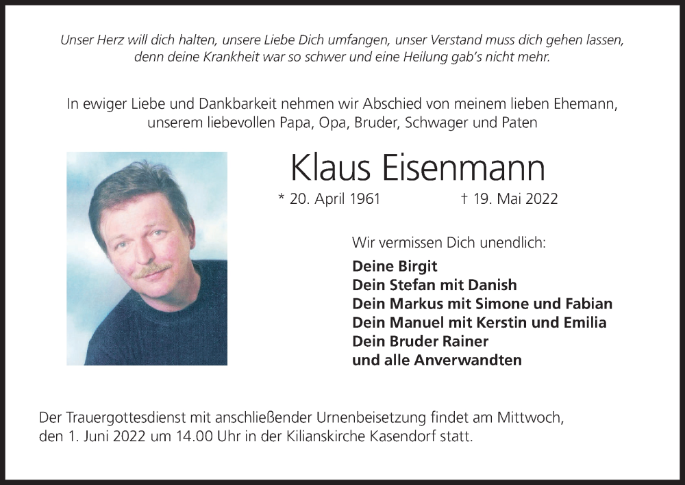  Traueranzeige für Klaus Eisenmann vom 28.05.2022 aus MGO