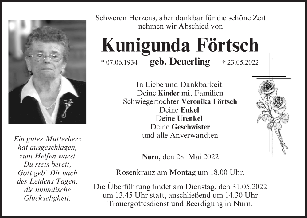  Traueranzeige für Kunigunda Förtsch vom 28.05.2022 aus MGO