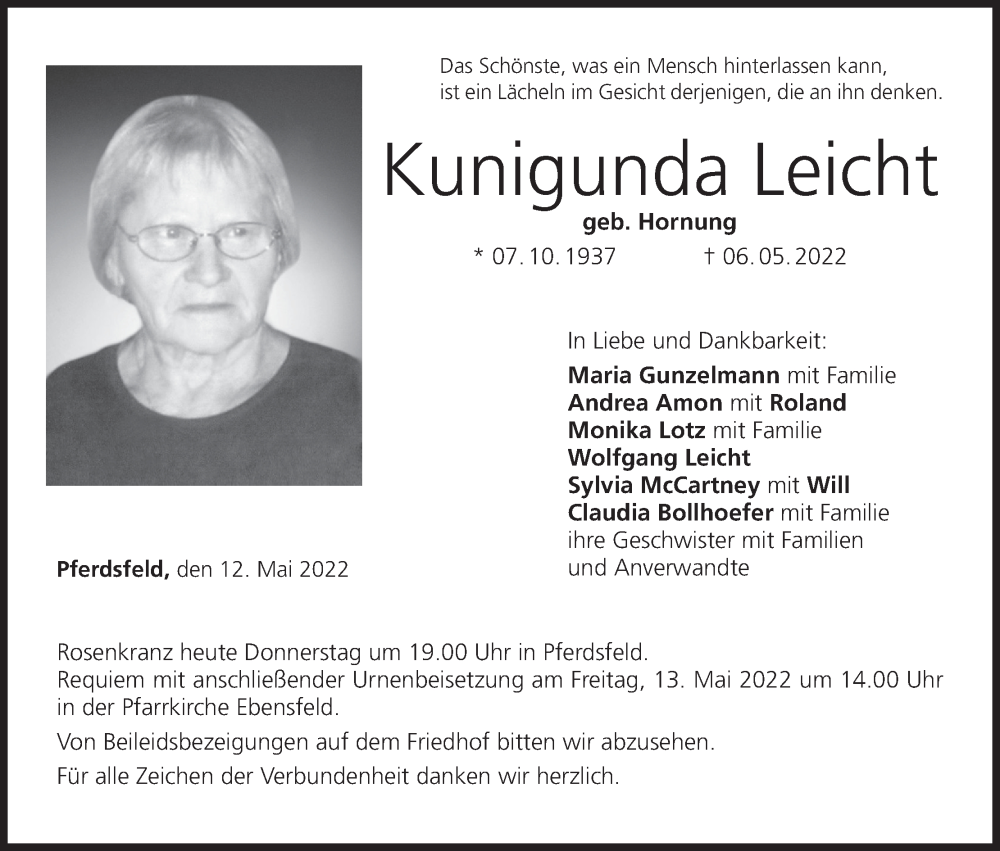  Traueranzeige für Kunigunda Leicht vom 12.05.2022 aus MGO