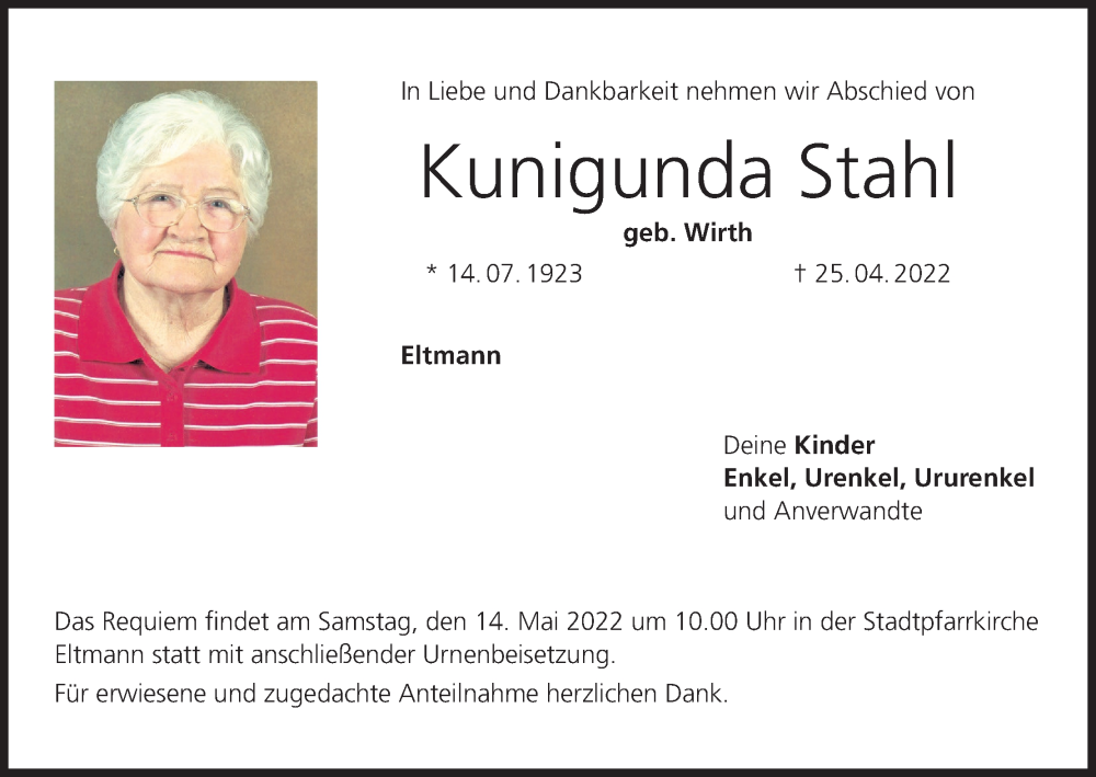  Traueranzeige für Kunigunda Stahl vom 11.05.2022 aus MGO